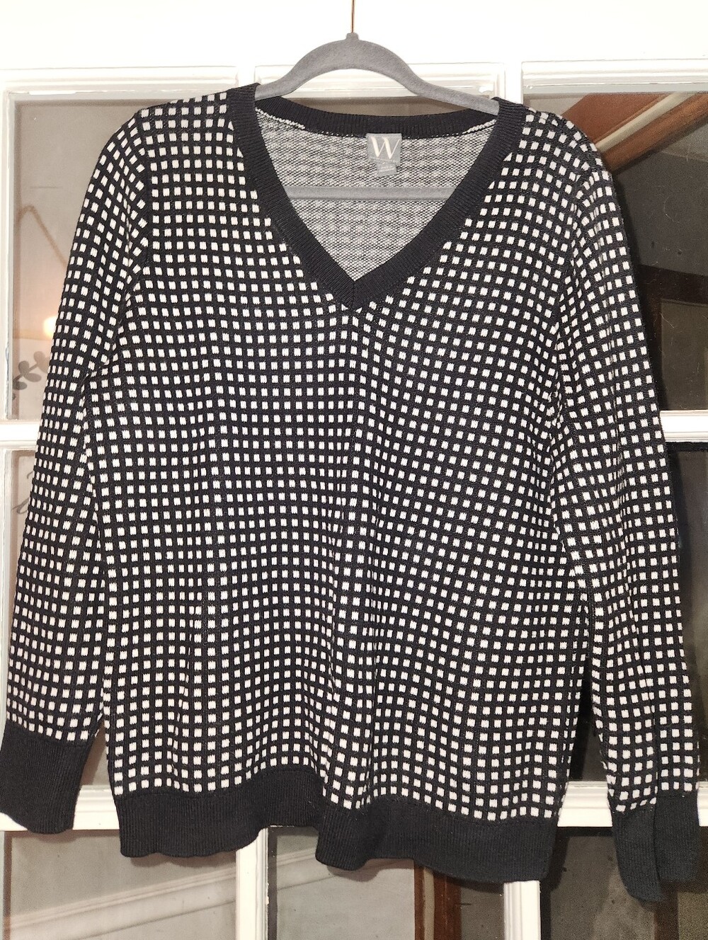 Worthington Women’s XL Black White Micro Check V-Neck Pullover Sweater
